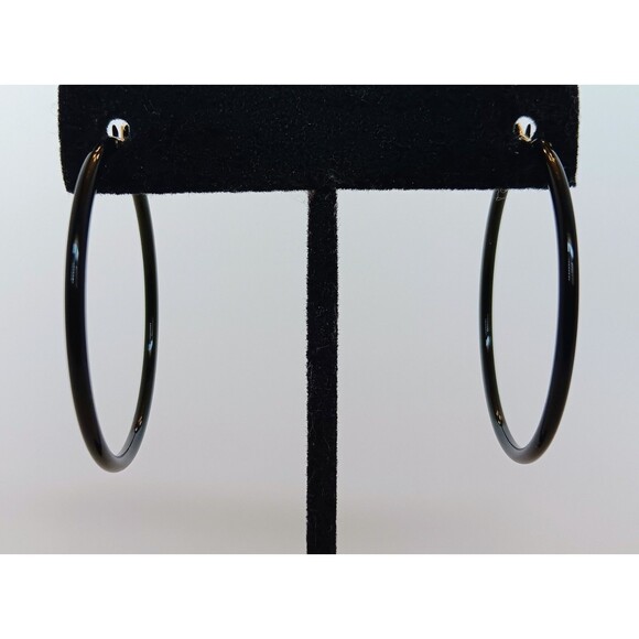 Vintage Monet Earrings Pierced Black Enamel Hoops 1.5 in - Picture 1 of 11